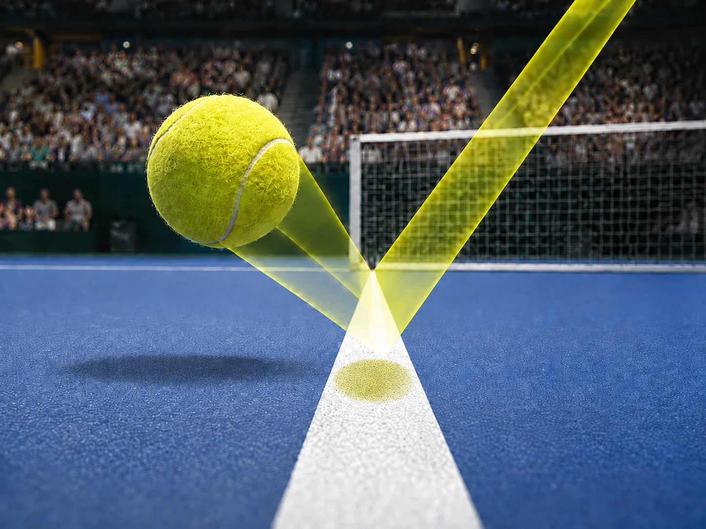 A tennis ball trajectory triangulated from several camera views to identify its landing position