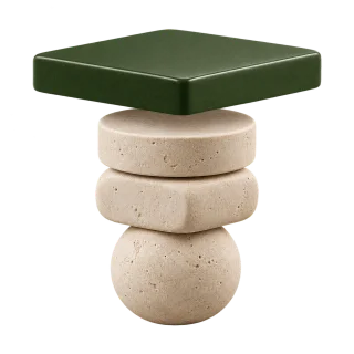 A green ceiling positioned above a stack of limestone forms