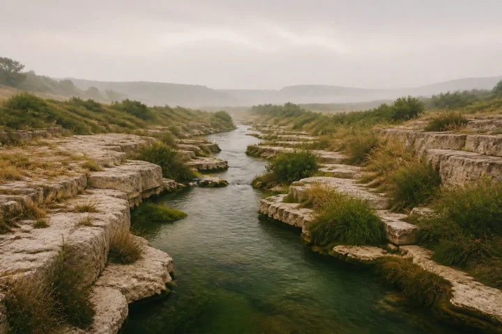A river flowing continuously through pale limestone terraces