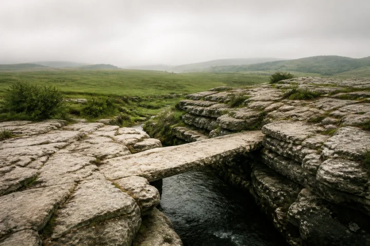 A natural stone crossing over a narrow stream