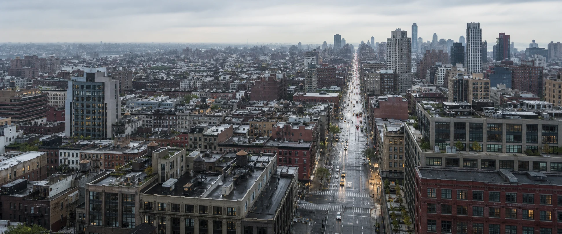 A dense New York City street grid stretching toward the horizon after rain