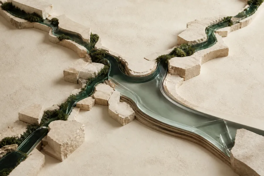 Several green channels converging into one broad clear route