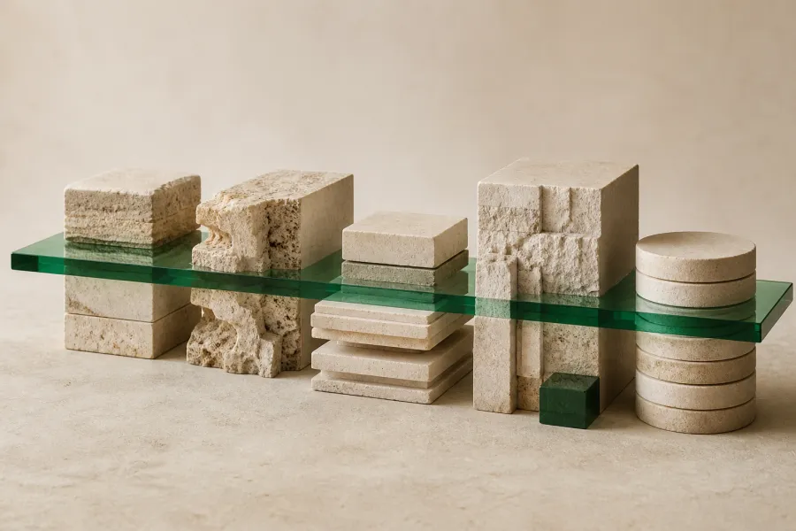 Different limestone forms aligned by one transparent green plane