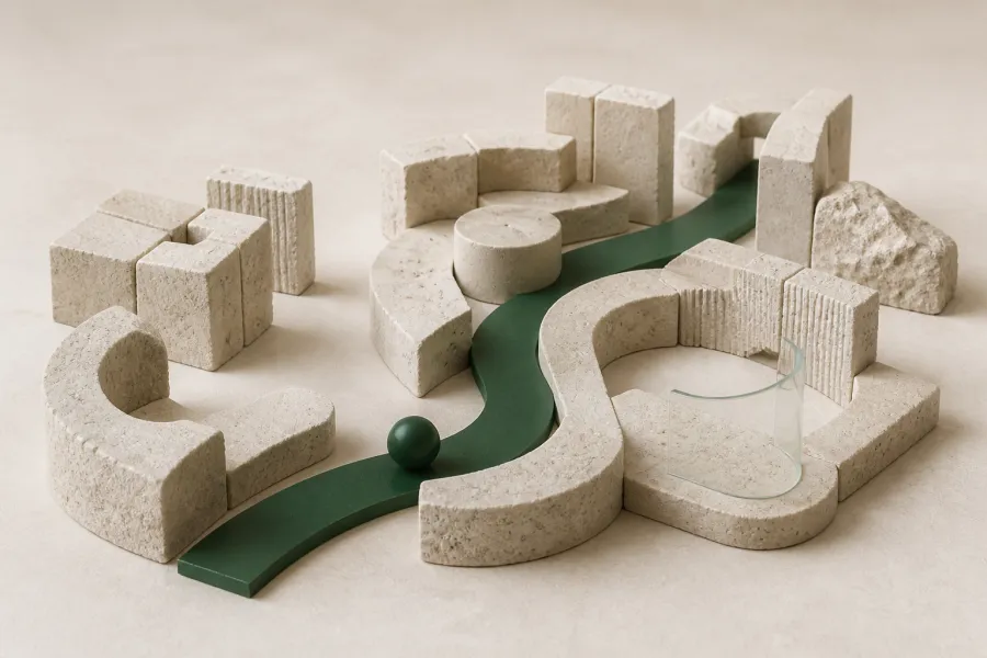 Modular limestone forms arranged around a continuous green route