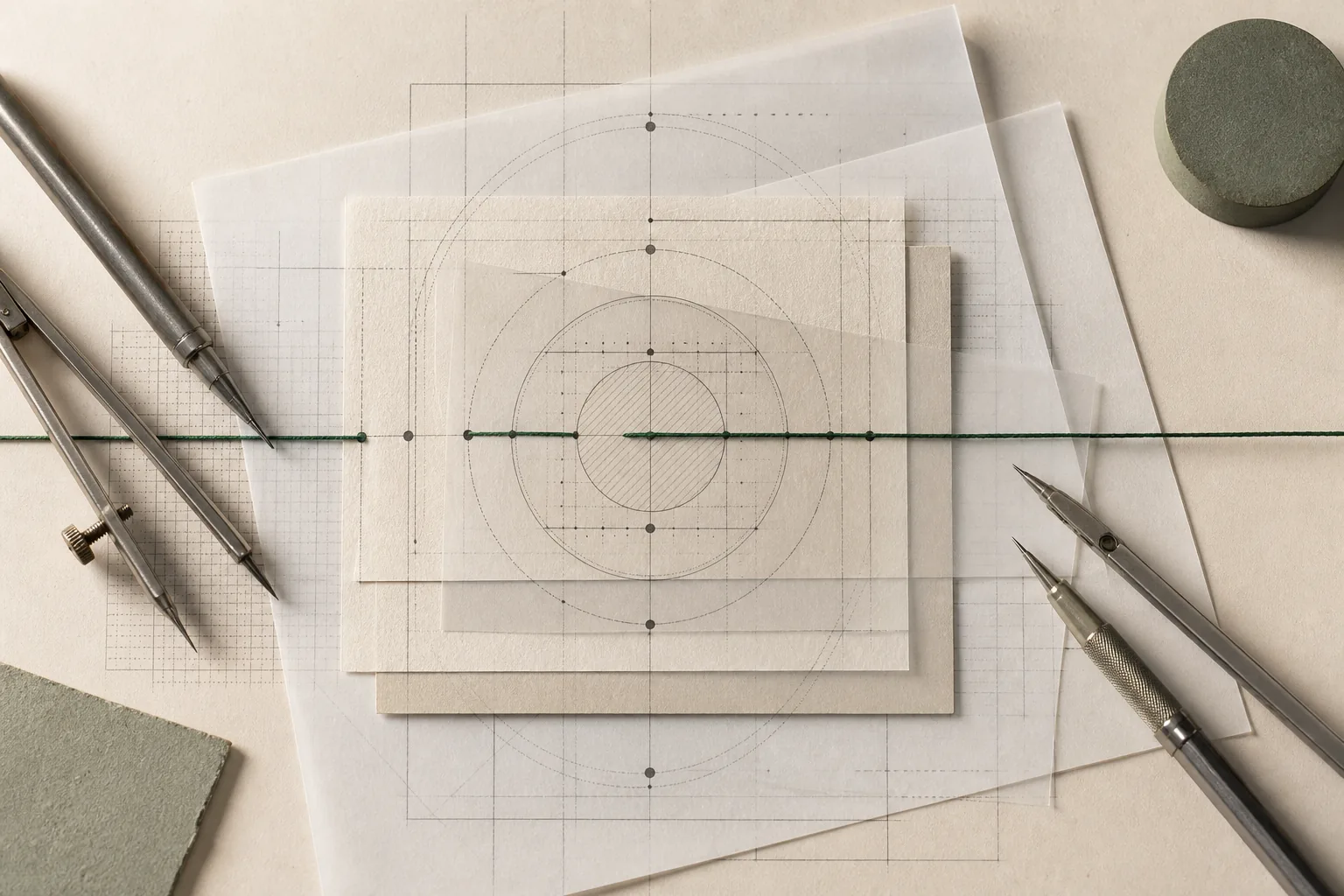 Layered technical drawings joined by green thread between two sets of drafting tools