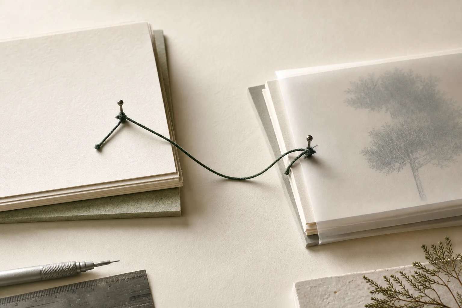 Two stacks of correspondence cards connected by protected green thread